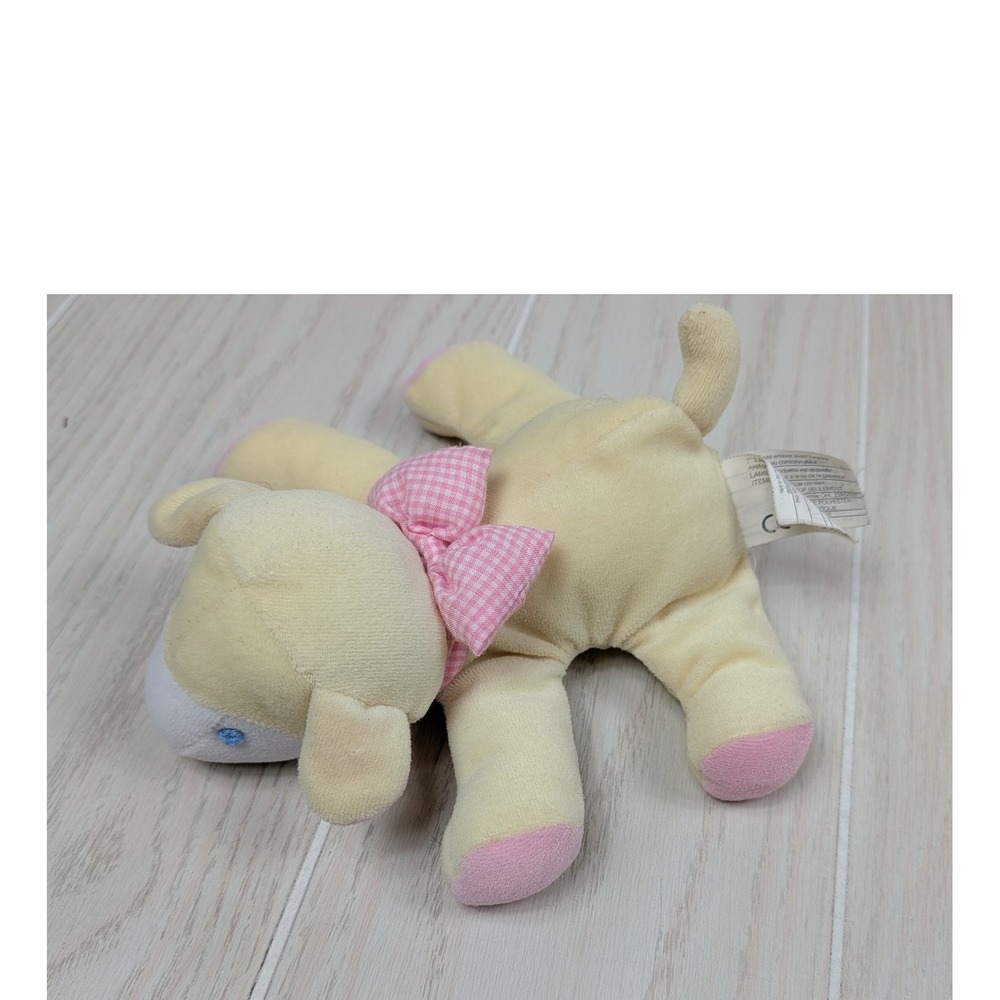 Fiesta Small Lamb Plush Baby Rattle 7" Yellow Pink Gingham Bow Lying
